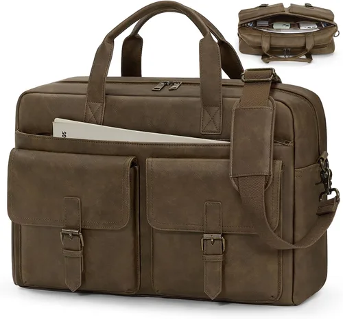 Vista 8 de RAINSMORE Bolsa tipo mensajero para hombre, de piel de 16 pulgadas, para laptop, maletín para computadora de trabajo, oficina, negocios, viajes