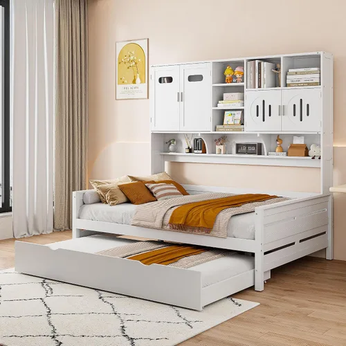 Vista 37 de VilroCaz Cama de sofá de tamaño individual de madera con estantes de almacenamiento y escritorio de estudio, estructura de cama de día Blanco