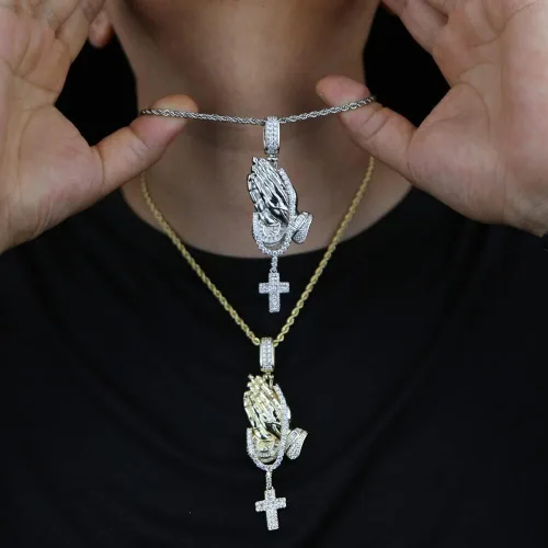 Vista 4 de Joyería de moda - Collar de crucifijo hip hop, colgante de cruz de color dorado con dije de mano para orar para hombre, joyería cúbica de hip hop