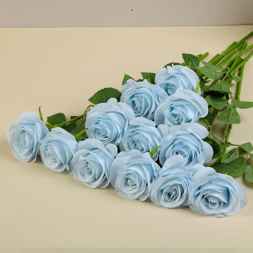 Vista 7 de 12 piezas Rosas Flores Artificiales Rosas Falsas Azul Bebé Rosas de Seda Flores de Seda Blancas Rosas con Tallos Largos para Bodas Hogar Fiestas