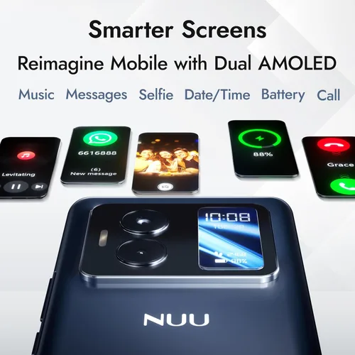 Vista 3 de NUU B40 5G, teléfono celular, desbloqueado, doble SIM, pantalla AMOLED dual, 120Hz, cámara de 64 MP, 8GB+256GB, Android 15, versión estadounidense