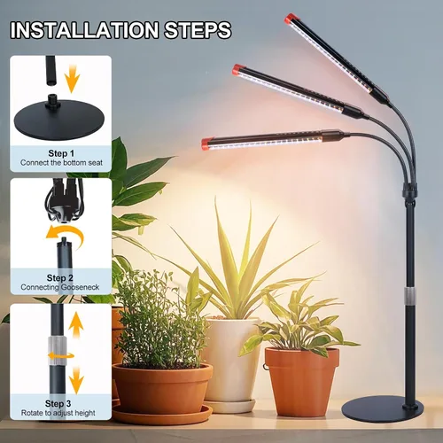 Vista 3 de Luces de Cultivo de Mesa de 3 Cabezales para Plantas de Interior, Inicio de Semillas, Verduras, Bonsái con Temporizador de Encendido/Apagado