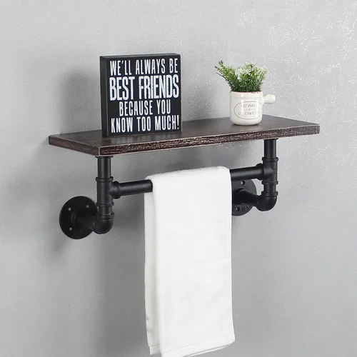Vista 11 de MBQQ Estante de tubería industrial para baño, estantes montados en la pared, estante de madera rústica de 19.6 pulgadas con toallero, toallero