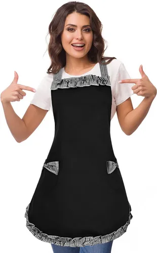 Vista 3 de Violet Mist Lindos delantales negros para mujeres con bolsillos, delantales vintage retro elegantes para niñas con lazo, vestido sexy de los años
