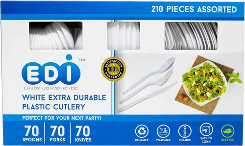 Vista 7 de EDI desechables cubiertos de plástico, 70 Tenedores, 70 Cuchillos, 70 cucharas, color blanco, 210