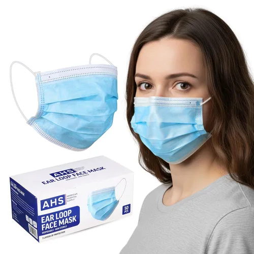 Vista 2 de American Hospital Supply (AHS) - Mascarillas desechables para las orejas, color azul, cobertura facial para adultos, mascarillas desechables de 3