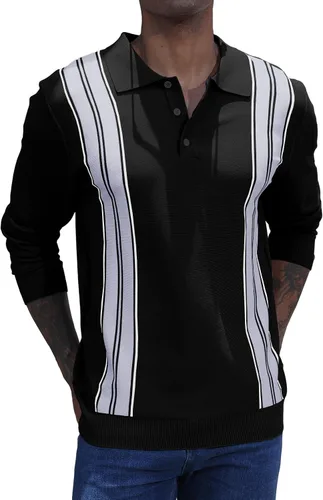 Vista 2 de CTU Camisas polo de manga larga a rayas vintage para hombre, camisas de golf