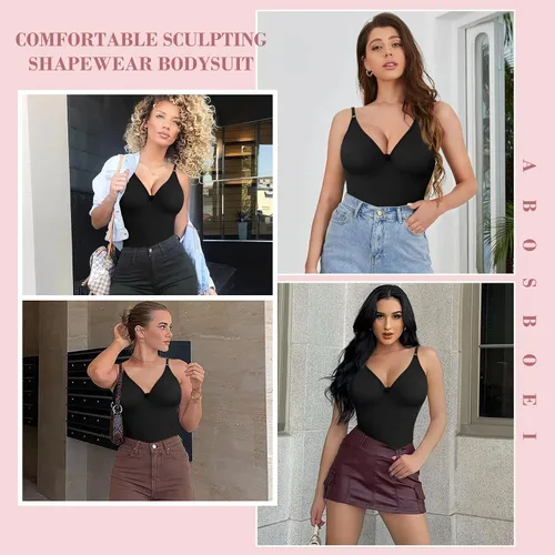 Vista 5 de AOSBOEI Body con cuello en V para mujer, sin mangas, tirantes delgados, camisolas, leotardo, sexy, informal, camiseta sin mangas para salir