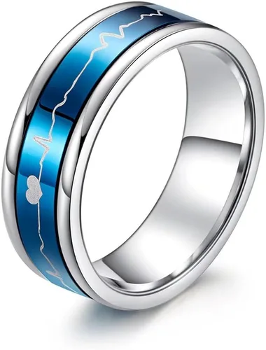 Vista 2 de Romántico juego pareja anillos titanio acero boda bandas negro azul cómodo ajuste giratorio ECG Heartbeat su y su promesa regalos especiales