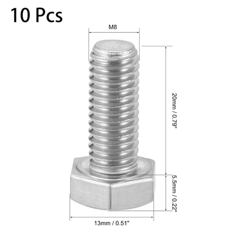 Vista 2 de 10 tornillos hexagonales M8 M8-0.049 x 0.787 in UNC de cabeza hexagonal A2-70 (304) de acero inoxidable totalmente roscados, acabado liso