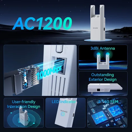 Vista 4 de Tenda Extensor de alcance WiFi AC1200 - Extensor WiFi con puerto Gigabit Ethernet, amplificador de señal doméstica de 1.2 Gbps, doble banda, hasta