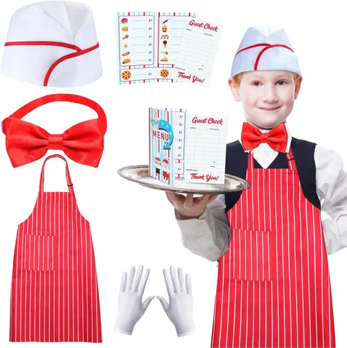 Vista 8 de Keymall Juego de disfraz de camarero para niños, kit de disfraz de proveedor, 6 piezas, delantal, pajarita, guantes, tarjetas para Halloween, juego