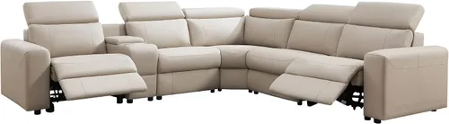 Vista 7 de Sofá Reclinable Eléctrico AMERLIFE, Sofá Reclinable con Consola y Reclinación Dual, Sofá Seccional de Cuero para Sala de Estar, Beige Marrón