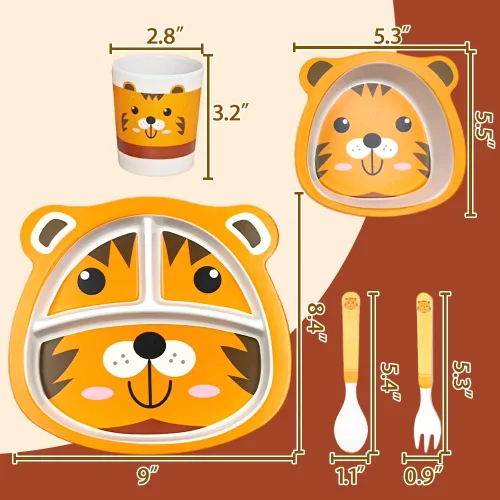 Vista 3 de Juego de vajilla infantil para bebés y niños pequeños, cuenco de bambú, taza, tenedor, cuchara y platos divididos, apto para lavavajillas