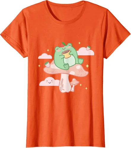 Vista 52 de Kawaii Strawberry Frog On Mushroom - Camiseta de manga corta de anime, Azul / Patchwork, S Azul Pastel