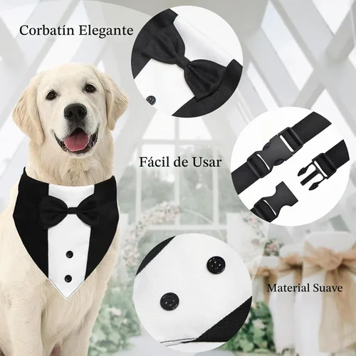 Vista 3 de GOYOSWA Traje de esmoquin para perro, collar bandana de boda con pajarita, ajustable, formal, esmoquin para perros, compromiso, cumpleaños, esmoquin