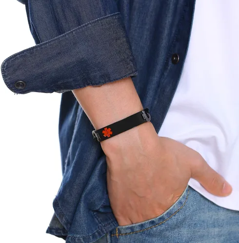 Vista 5 de VNOX Pulsera de identificación de alerta médica con grabado gratuito para hombres y mujeres, etiqueta médica, cadena de eslabones de acero inoxidable