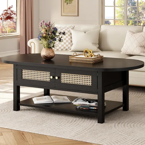 Vista 8 de LVB - Mesa de café de ratán, mesa de sala de estilo boho con almacenamiento, mesa de té de cóctel moderna ovalada de 2 niveles con puertas y estante