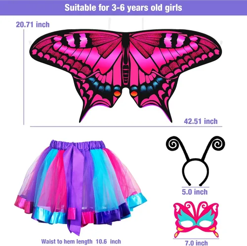 Vista 5 de D.Q.Z Toddlers Fairy-Butterfly-Wings-Costume for Girls 4 Pcs With Tutu Dress Headband, Kids Costume Halloween Party Favors