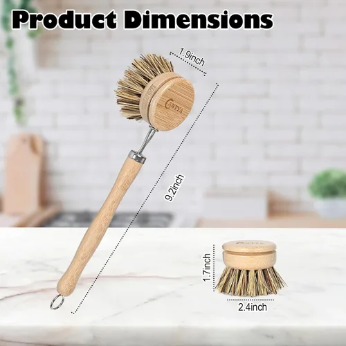 Vista 2 de Limpiador de platos de bambú con mango – Cepillo de cerdas duras de cerdas naturales, cepillo de cocina sostenible y biodegradable para platos