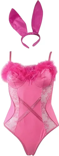 Vista 2 de Conjunto de lencería sexy de encaje floral para mujer, body erótico transparente