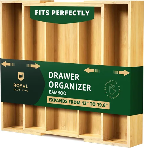 Vista 21 de ROYAL CRAFT WOOD Organizador de cajones de cocina de bambú de lujo, organizador de cubiertos, soporte para utensilios y bandeja de cubiertos
