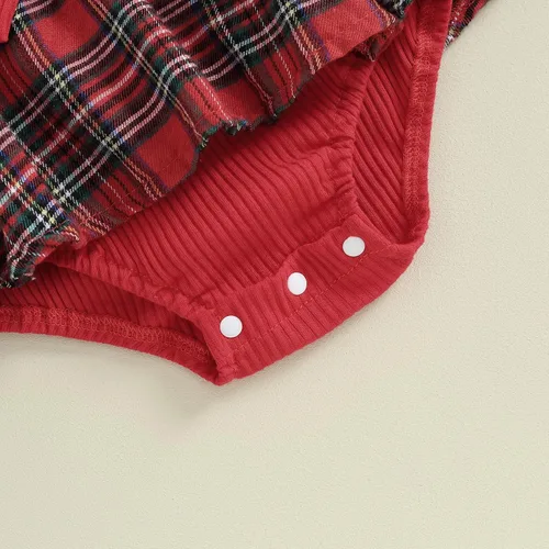 Vista 7 de Douhoow Conjunto de traje de Navidad a cuadros para bebé recién nacida, camiseta de manga larga, pantalones cortos con tirantes y diadema, 3