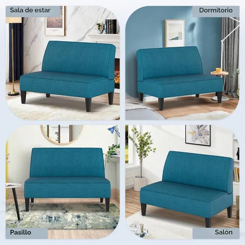 Vista 6 de Sofá biplaza pequeño, mini sofá azul, banco tapizado con respaldo para sala de estar, dormitorio, oficina, sin brazos