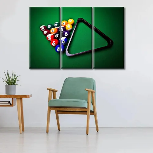 Vista 2 de TUMOVO 3 paneles de juegos de billar y entretenimiento, arte de pared en blanco y negro, arte deportivo moderno, decoración de pared para sala