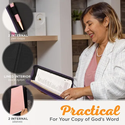 Vista 4 de Cubierta de Biblia de Moda para Mujeres de Christian Art Gifts, Fe Hebreos 11:1, Púrpura Paisley de Cuero Sintético, Mediana
