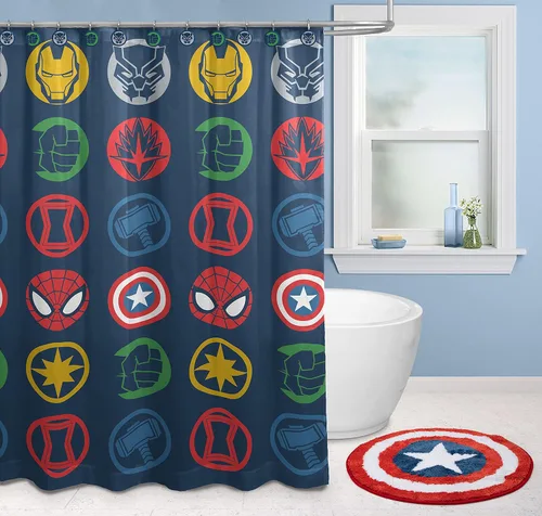 Vista 6 de Jay Franco Marvel Avengers Shields - Juego de baño de 14 piezas, incluye cortina de ducha, 12 ganchos y alfombra de baño antideslizante, tela
