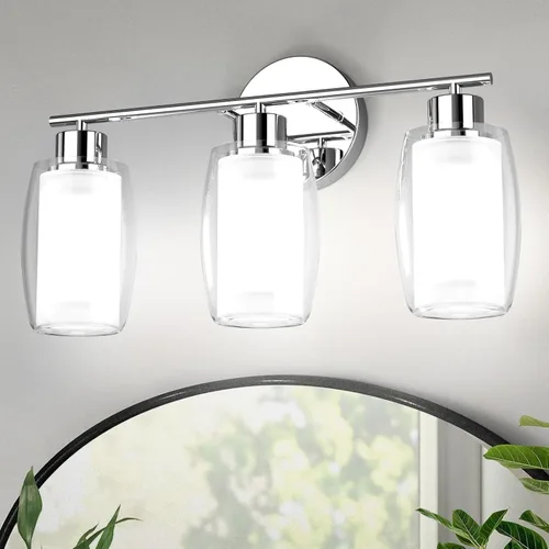 Vista 10 de Aipsun Lámpara de baño con 4 luces, luces cromadas arriba y abajo, modernas luces de bahthroom con vidrio transparente y vidrio esmerilado, luces