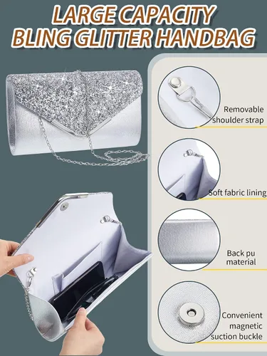 Vista 3 de Henoyso Juego de 5 piezas de joyería de diamantes de imitación con diamantes de imitación, bolso de mano para novia, graduación, collar, aretes