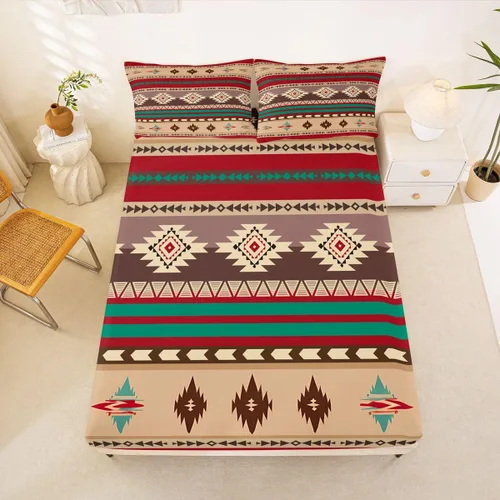 Vista 61 de Juego de ropa de cama de estilo bohemio occidental, tamaño individual, diseño de vaca atrapasueños, sábana bajera ajustable del suroeste, tribu