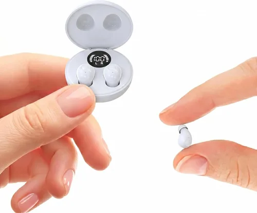 Vista 11 de Auriculares Bluetooth invisibles para orejas pequeñas, auriculares inalámbricos discretos, morado, funda de carga con pantalla LED inteligente