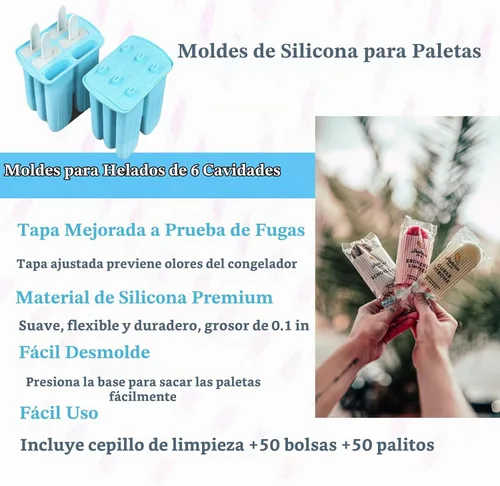 Vista 6 de Moldes de silicona para paletas con palillos, 6 cavidades, molde para helado con cepillo limpio, 6 palitos reutilizables, 50 palitos, 50 bolsas Azul