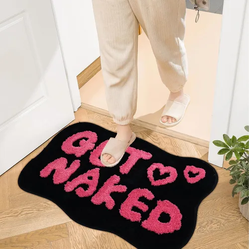 Vista 6 de Alfombra de baño con texto en inglés "Get Naked", alfombra de baño divertida, suave, antideslizante, bonita, divertida decoración de baño para Negro