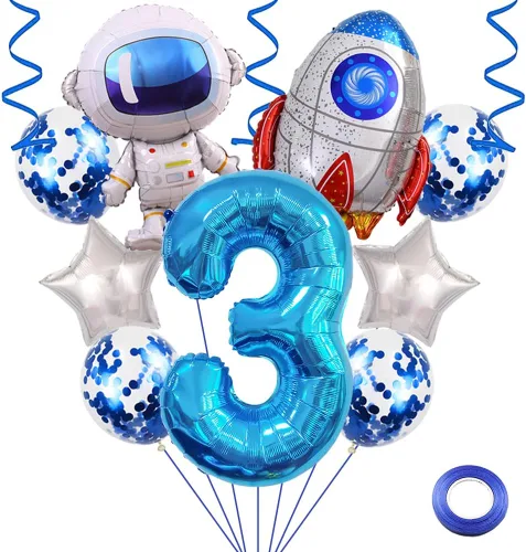 Vista 10 de Globos de cumpleaños de cohete de astronauta, globo de fiesta de espacio exterior, globos gigantes de papel de aluminio de 32 pulgadas, globo azul