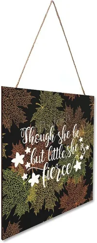 Vista 2 de Placa decorativa de madera con texto en inglés "Though She Be But Little, She is Fierce" para decoración de pared rústica con cuerda de 7.9 x 7.9