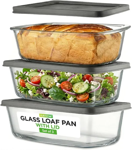 Vista 8 de NutriChef Juego de 4 moldes de vidrio para pan con tapas, apilables de 1.9 cuartos de galón / 62 onzas, 2 recipientes de almacenamiento de alimentos
