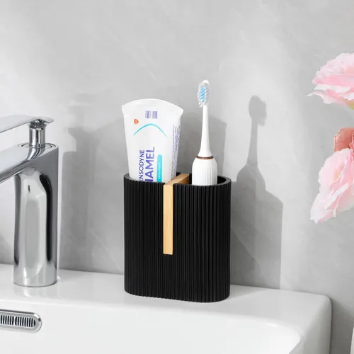 Vista 3 de Portacepillos de dientes para baño, soporte eléctrico de bambú para cepillos de dientes, color negro