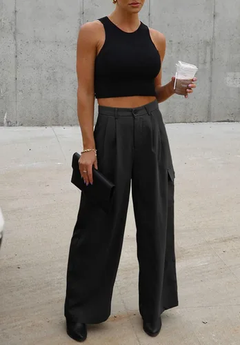 Vista 2 de Dokotoo Pantalones cargo de cintura alta y pierna ancha para mujer, pantalones holgados de trabajo casuales con 4 bolsillos