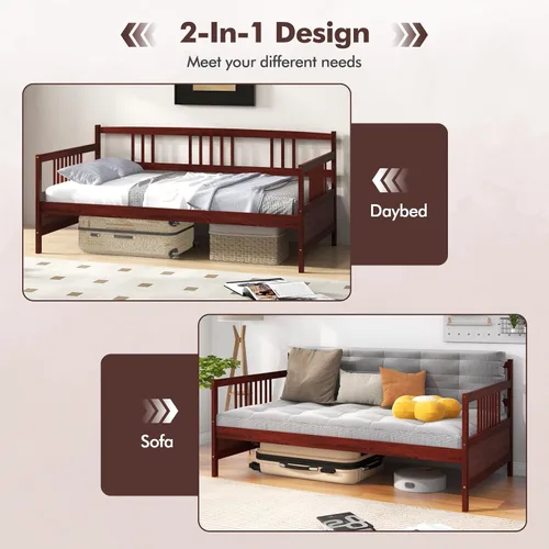 Vista 7 de KOMFOTT Marco de sofá cama de madera tamaño individual, marco de cama de sofá con soporte de listones de madera, no necesita somier, marco de sofá