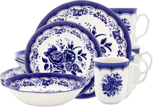Vista 10 de Tudor Royal - Juego de vajilla redonda de porcelana de 12 piezas, servicio para 4, diseño botánico, flores de verano, platos, cuencos, brillante