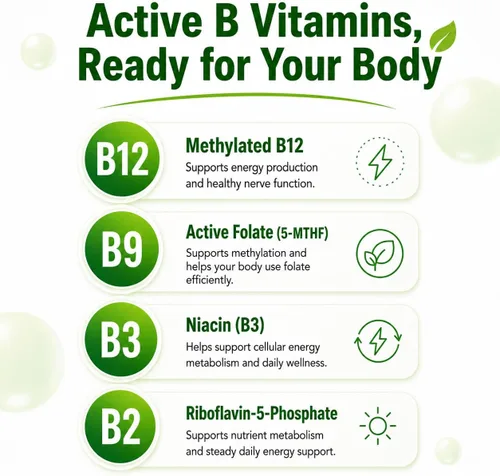 Vista 3 de Methylated B Complex,Liposomal Methyfolate 5-MTHF,Methylated B12 Complex,Ultra High Absorption with Choline Inositol-Supports Methylation,Energy and