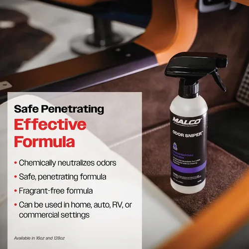 Vista 3 de Malco Odor Sniper - Eliminador de olores sin fragancia para interiores de automóviles/Penetra los olores en la fuente/Neutraliza químicamente