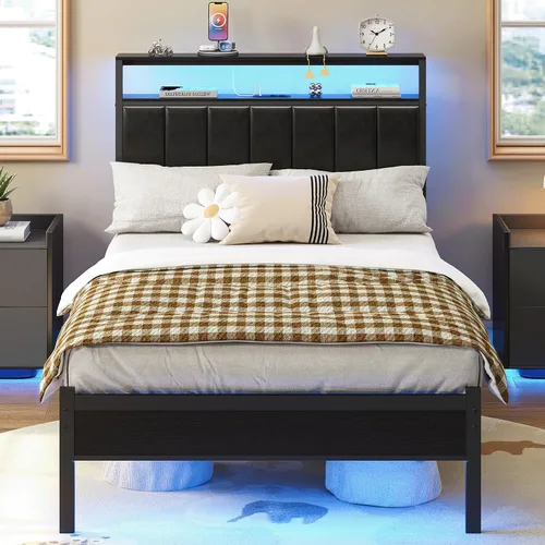 Vista 12 de Marco de cama matrimonial con estación de carga y luces LED, cabecero tapizado en negro con estantes de almacenamiento de 2 niveles, marco de cama