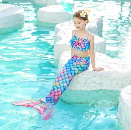 Vista 2 de DNFUN Colas de sirena para nadar para niñas, traje de baño de sirena con monoaleta