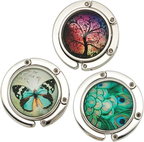 Vista 2 de Juego de 3 ganchos para bolso, mariposa, árbol de deseos, pavo real, plegable, bolsa limpiadora más segura, plegable para un fácil almacenamiento