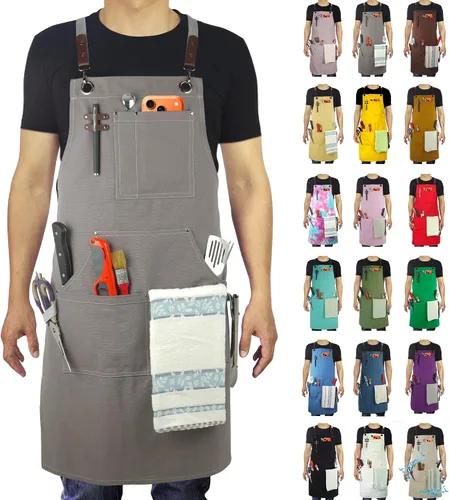 Vista 41 de Delantal de Cocina, Delantal de Trabajo, Lona, Múltiples Bolsillos, Jardinería, Pintura, BBQ, Artista, Carpintero, Tallas M a XXL, Ámbar